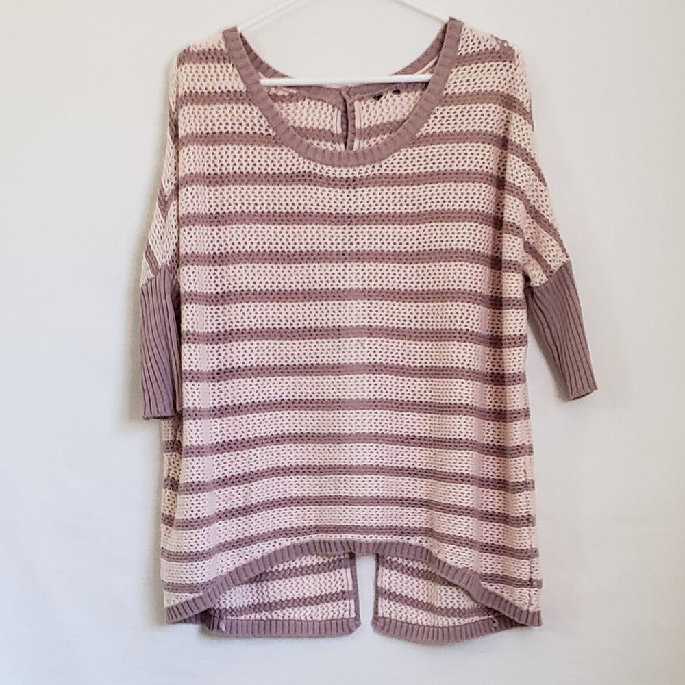 Oversized Vintage BEBE Mauve pink and cream colorblock striped open knit sweater